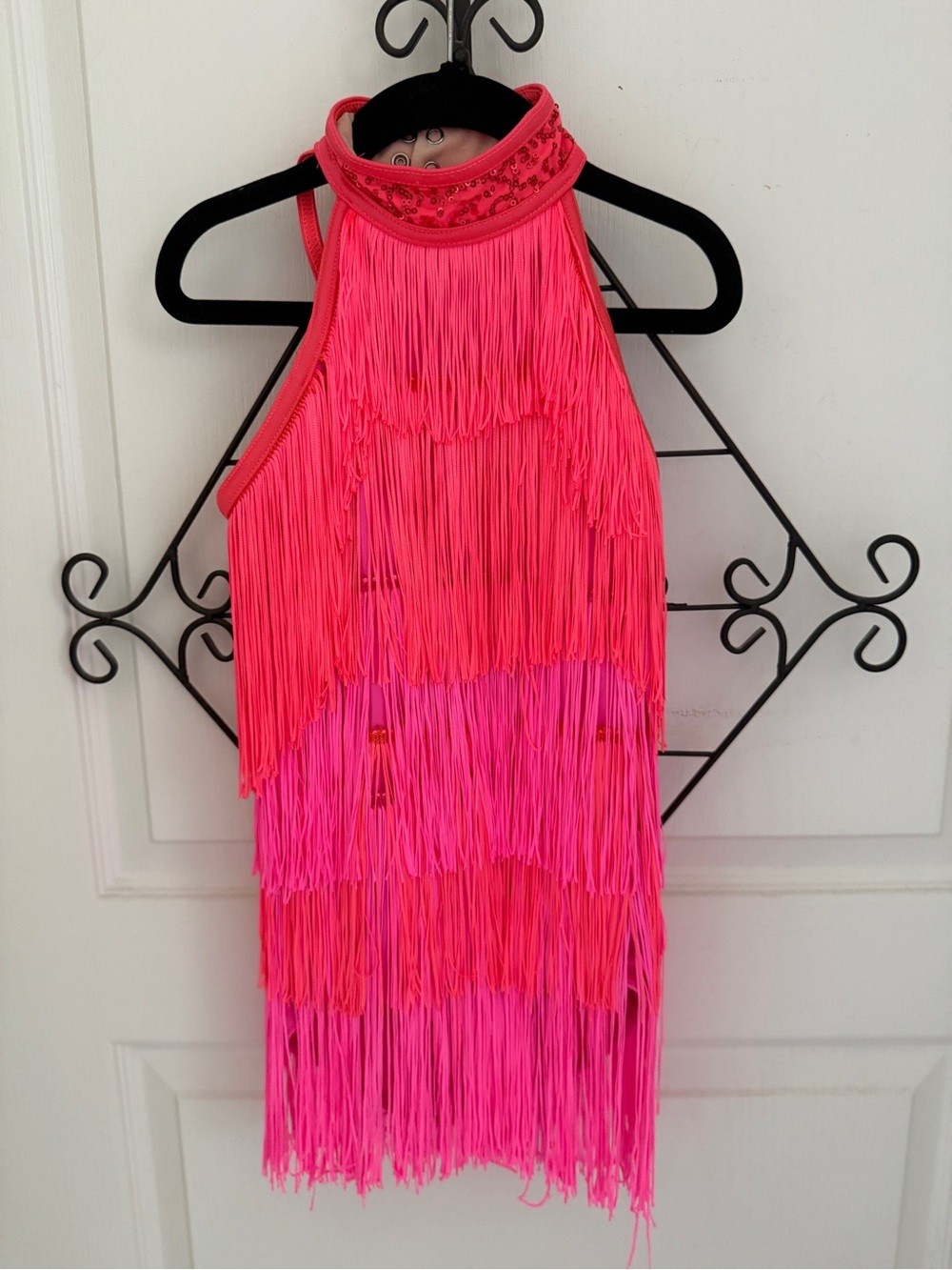 Weissman Neon Pink and Hot Pink Fringe Halter Dance Dress